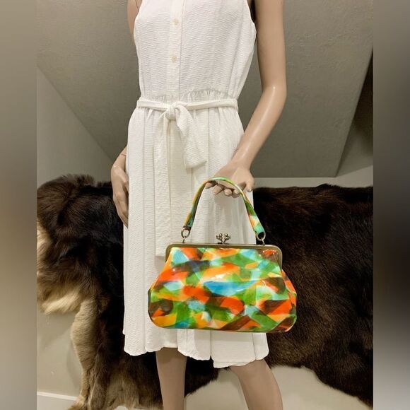 Handmade Genuine Leather Abstract Print “Birds” Kisslock Wristlet/Crossbody - Picture 5 of 17